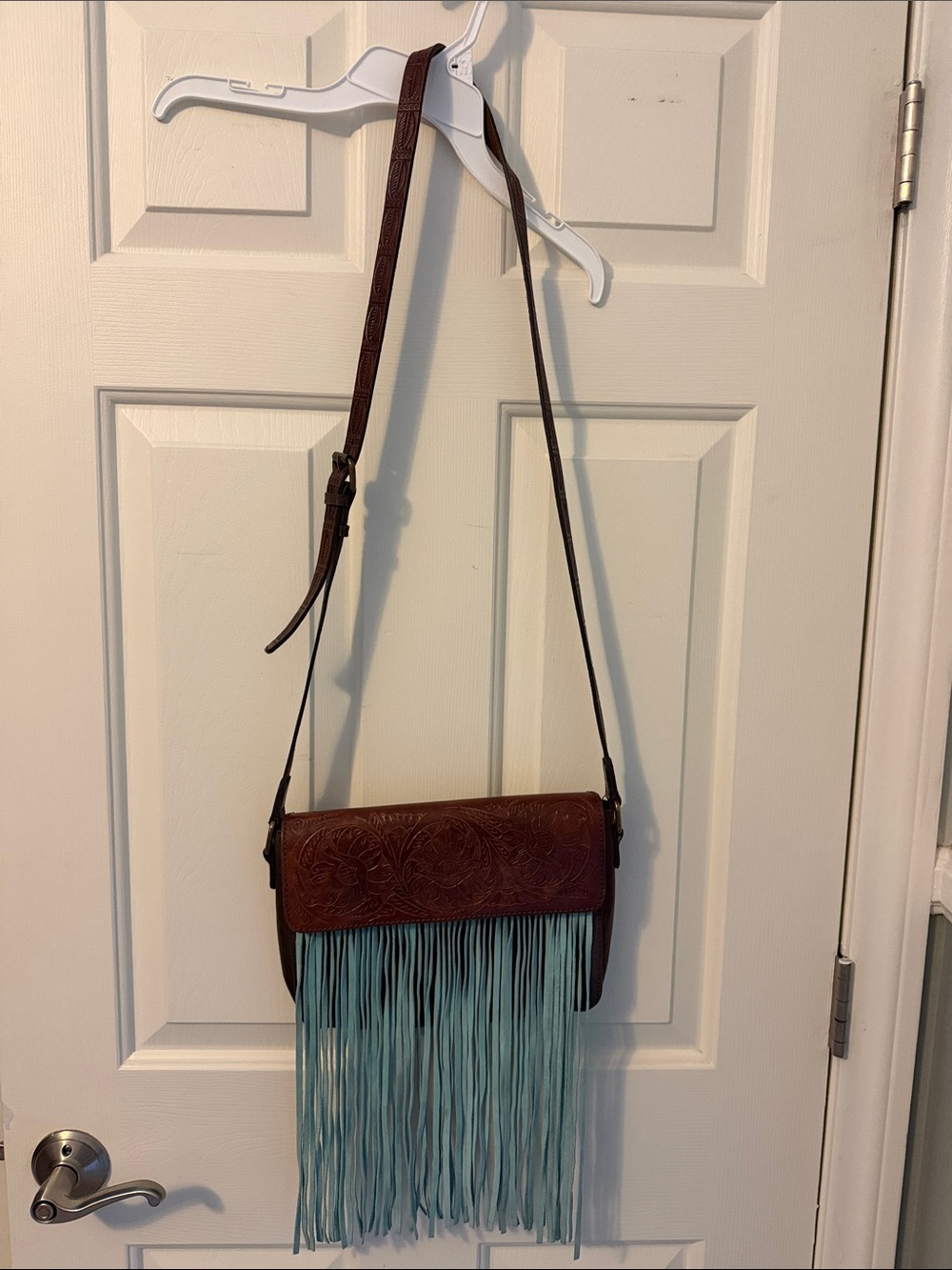 Ariat Fringe Crossbody Bag with Tooled Leather Flap - Brown and Teal